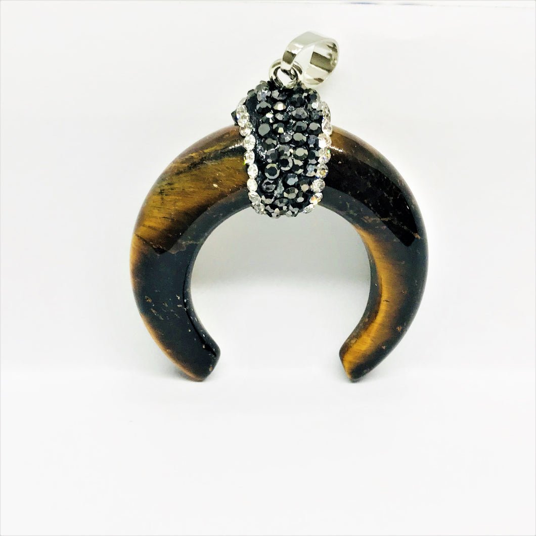 COLGANTE DE PIEDRA | MEDIA LUNA CON STRASS | 35MM | OJO DE TIGRE