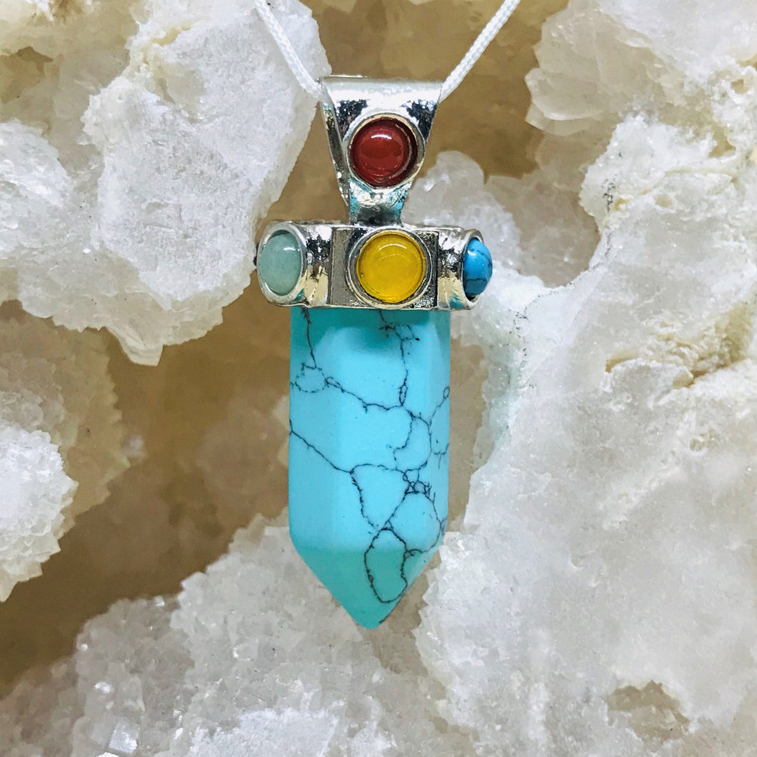 COLGANTE DE PIEDRA | PUNTA CON CASQUETE 7 CHAKRAS | 50MM | TURQUESA