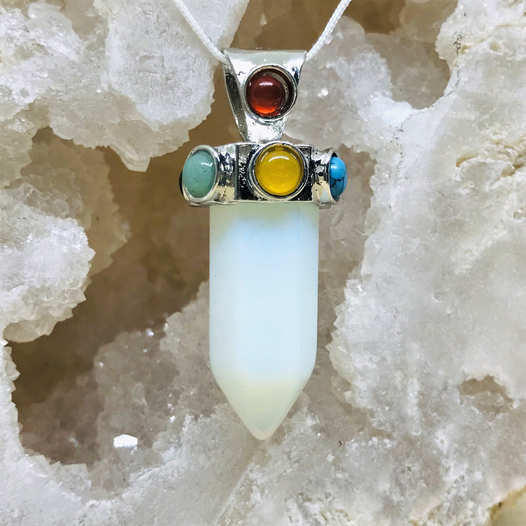 COLGANTE DE PIEDRA | PUNTA CON CASQUETE 7 CHAKRAS | 50MM | PIEDRA LUNA