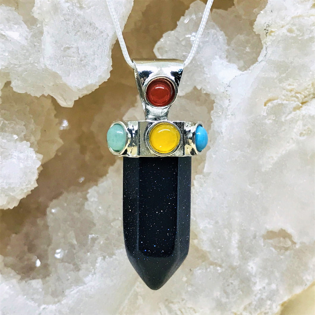 COLGANTE DE PIEDRA | PUNTA CON CASQUETE 7 CHAKRAS | 50MM | LLUVIA DE ESTRELLA