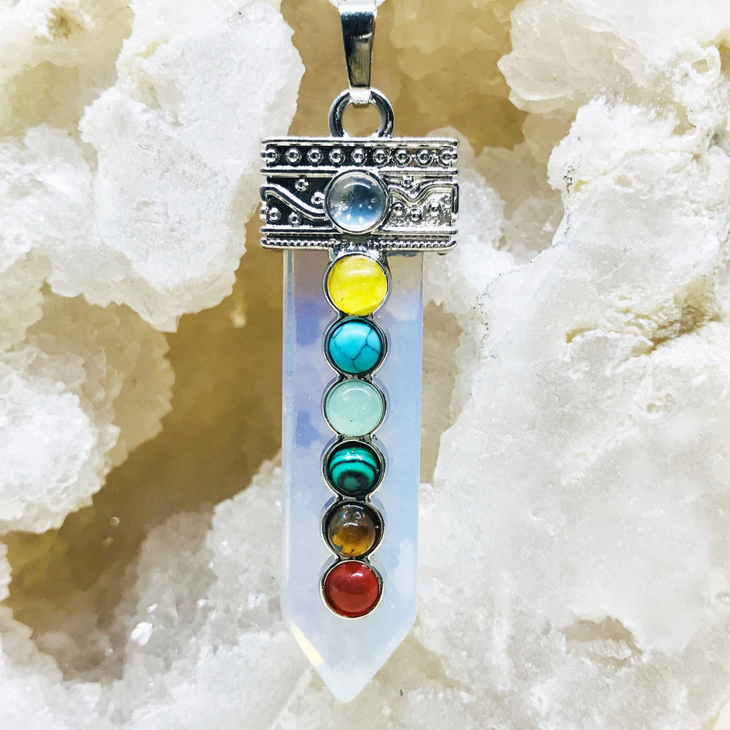 COLGANTE DE PIEDRA | PUNTA PLANA CON 7 CHAKRAS | 60MM | PIEDRA LUNA