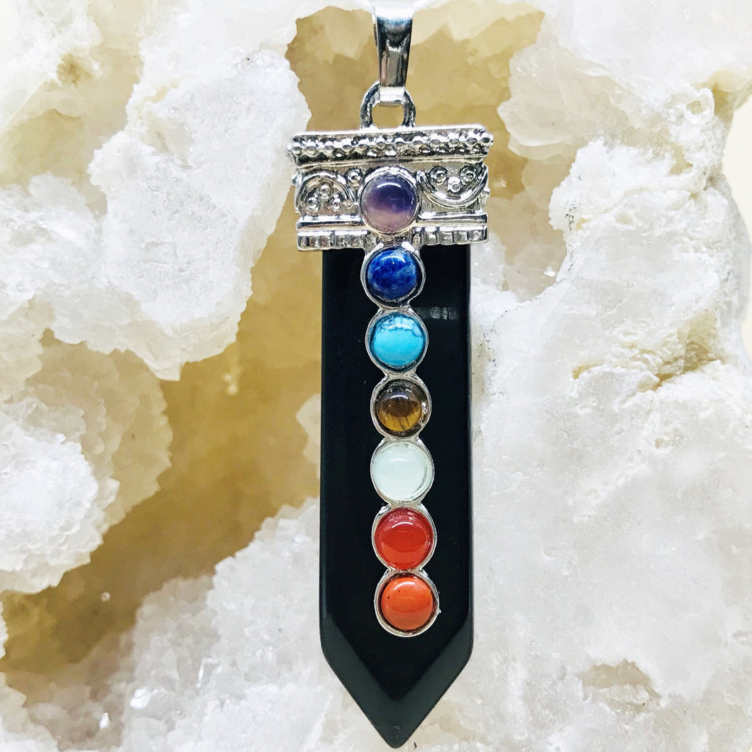 COLGANTE DE PIEDRA | PUNTA PLANA CON 7 CHAKRAS | 60MM | ONIX