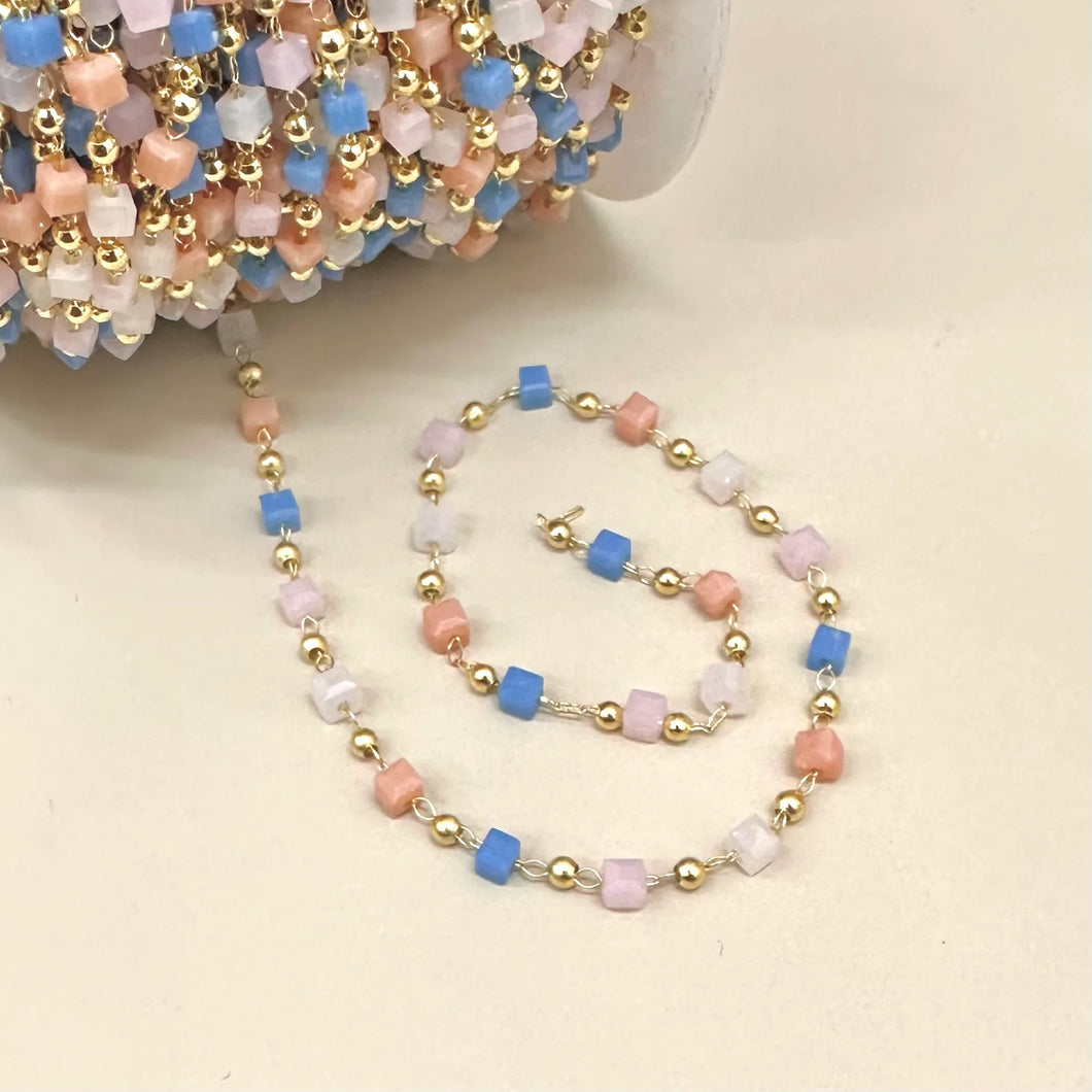 CADENA | MINI CUBOS DE CRISTAL DE 3MM | MIX AZUL - ROSADO - BLANCO - DAMASCO
