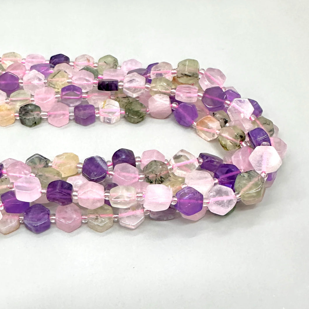 PIEDRA HEXAGONAL PLANA | 9MM X 5MM | MIX CUARZO ROSADO, CITRINO, AMATISTA Y PREHINITA