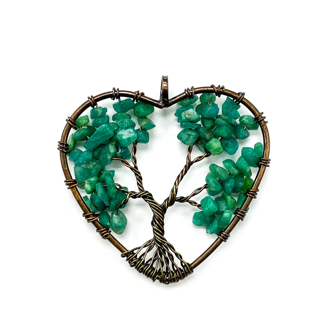 COLGANTE CORAZON ARBOL CON PIEDRA CHIP | COBRE | 45MM | AMAZONITA VERDE