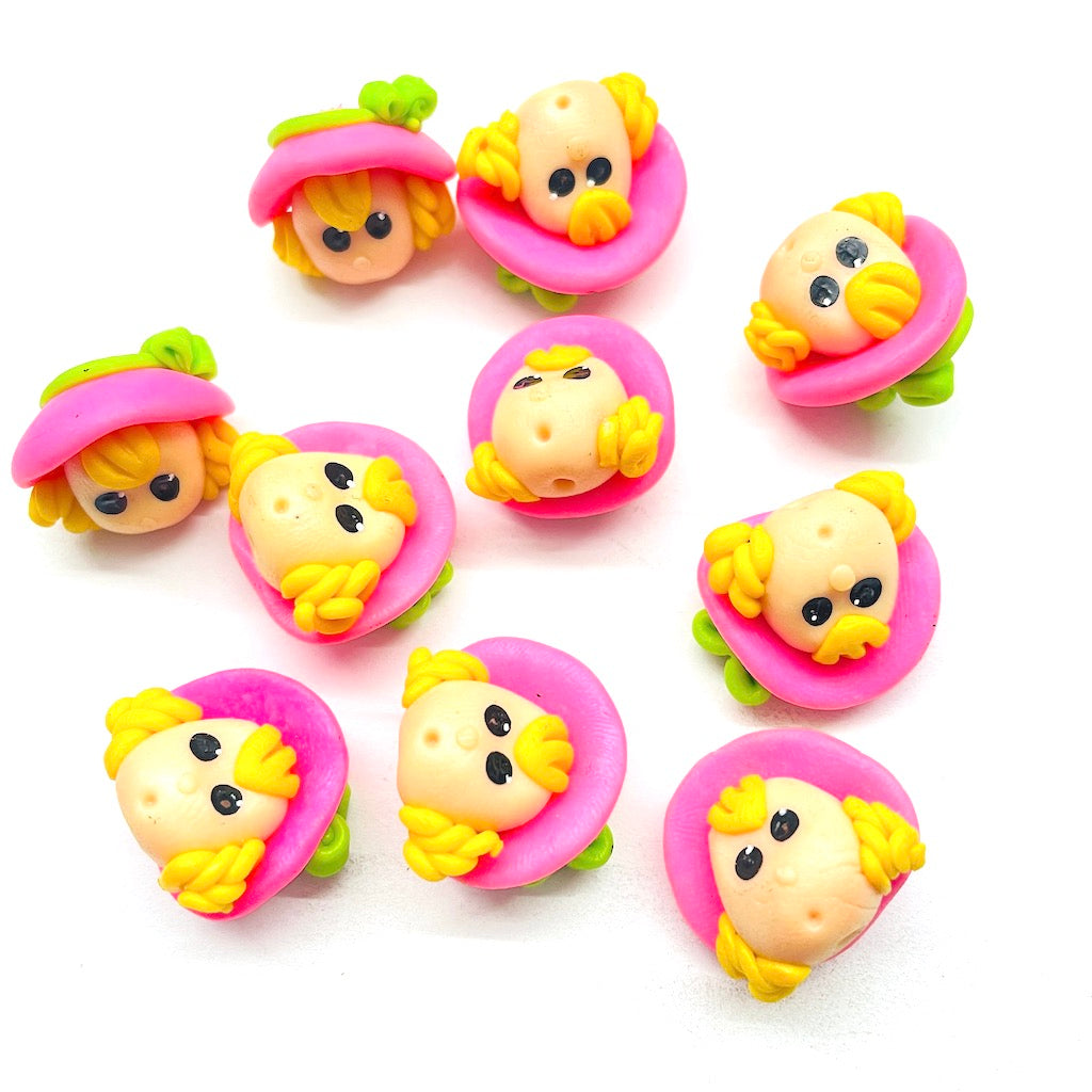 Cabezas de fimo | 18mm | Niña boina rosa y verde | 6und