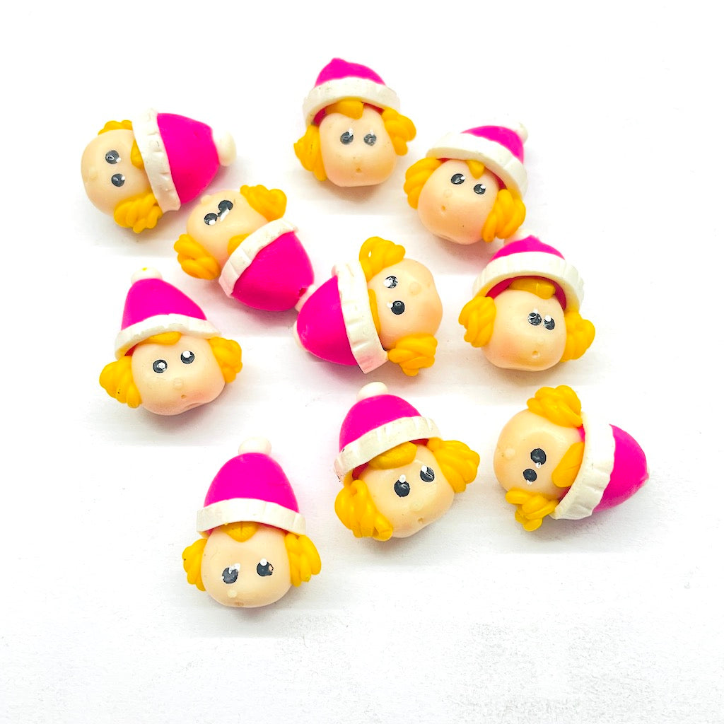 Cabezas de fimo | 18mm | Niña gorro rosa y blanco| 6und